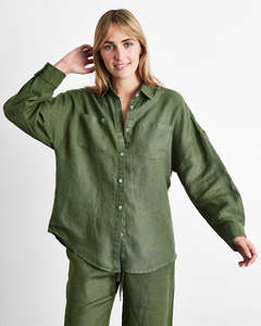 Shirts: Olive 100% French Flax Linen Long Sleeve Shirt