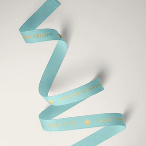 Christmas Ribbon: 10mm Xmas Cheer Grosgrain Gold on Aqua