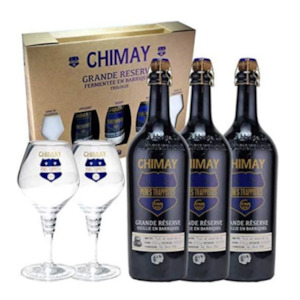 Beer: Chimay Blue Barrique Trilogie 3x750ml + 2 Glass Giftset