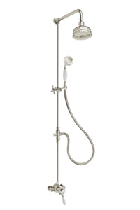 Shower System: Heritage Exposed Shower System Arm Rose Diverter & Handshower - Porcelain Lever