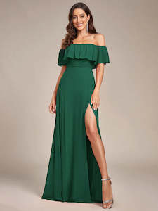 Bridesmaids Dress: Mia Off Shoulder Ruffle Thigh Split