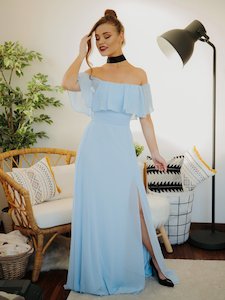 Blue Bridesmaids Dresses: Mia Off Shoulder Ruffle Thigh Split