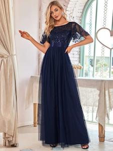Blue Bridesmaids Dresses: Lulu Sequin Print Maxi Long Evening Dresses with Cap Sleeve