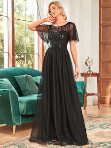 Black Bridesmaids Dresses: Lulu Sequin Print Maxi Long Evening Dresses with Cap Sleeve
