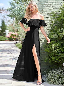Black Bridesmaids Dresses: Mia Off Shoulder Ruffle Thigh Split