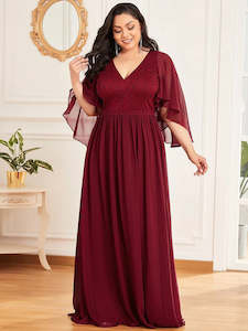 Red Bridesmaids Dresses: Sandy Deep V Neck Evening Dress with Lace