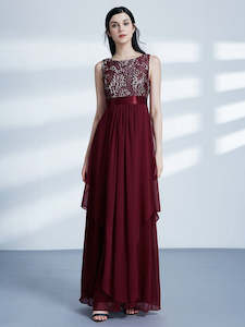 Red Bridesmaids Dresses: Women's Elegant Round Neck, Lace Bodice Long Bridesmaids Dress