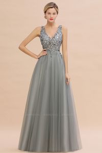 Red Bridesmaids Dresses: Faith  V-Neck Sleeveless Long Tulle Evening Gown With Crystals