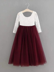 Flower Girl Dresses: Girls Guipure Lace Insert Mesh Hem Dress