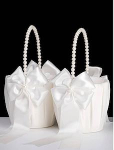 Flower Girl Basket With Silk Rose Flowers and Pearl handle