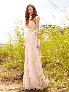 Blush Bridesmaids Dresses: V-Neck Empire Waist Chiffon Maxi Long Dress