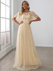 Simple White Wedding Dresses: Lulu Sequin Print Maxi Long Evening Dresses with Cap Sleeve