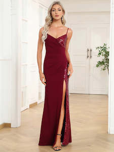 Plus Size Dresses: Ava Deep V Neck Spaghetti Straps Split A Line Evening Dress