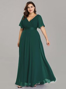Plus Size Dresses Dark Green: Jacqui Double V-Neck Ruffle Sleeve Bridesmaids Dress
