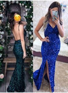 Ball Dresses Red Burgundy: Daisy Deep V Neck Sequin Mermaid Maxi Dress Backless