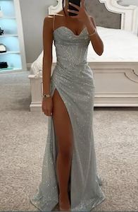 Ball Evening Dresses Blue: Ellie Shimmer Spaghetti Strap Evening Dress