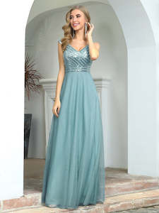 Blue Bridesmaids Dresses: V Neck A-Line Sequin Bodice evening Dress