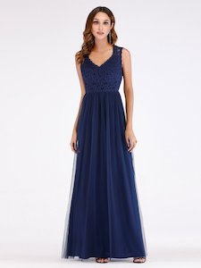 Bridesmaids Dresses Navy Blue: Lace Bodice Short Sleeve Dress