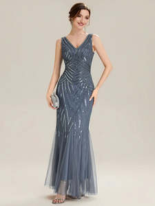 Ball Dresses: Carolina fish tail Beaded V-Neck dress
