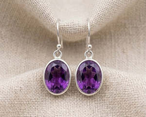 Earrings 1: Sterling Silver Oval-Cut Amethyst Drop Earrings