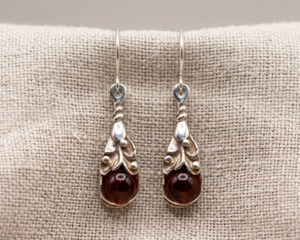 Earrings 1: Sterling Silver Filigree Cabochon-Cut Amber Drop Earrings
