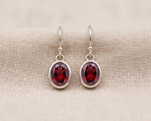 Sterling Silver Oval Garnet Drop Earrings
