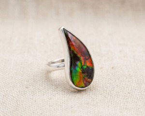 Sterling Silver Natural Teardrop Ammolite Ring