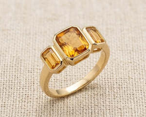 9K Yellow Gold Emerald-Cut Citrine Trilogy Ring