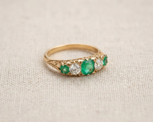 18K Yellow Gold Five-Stone Emerald & Diamond Ring