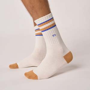 By Designer Mens: Retro Cotton Socks - White, Blue + Caramel