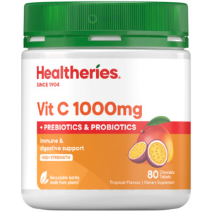 Healtheries, Vitamin C 1000mg Prebiotics & Probiotics, 80 Chewable Tablets