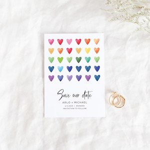 Products: Rainbow Hearts Save the Dates - Be My Guest Design