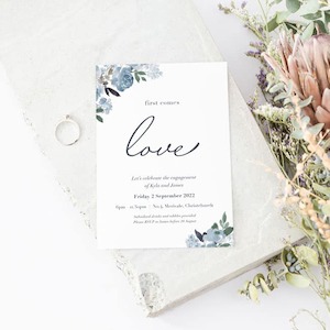 Products: Dusky Blue Peonies Party Invitations - Be My Guest Design