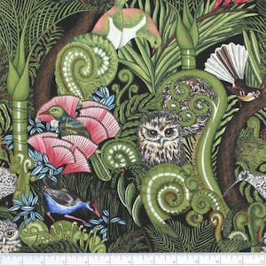 Kiwiana New Zealand Fabric: Kiwiana - NZ Forest Birds - ONYX
