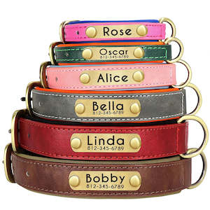 Pet Collars Leashes Harnesses: Customised Leather ID Nameplate Dog Collar