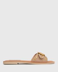 Womens Flat Sandals: ZEN Suede Leather Studded Buckle Slide Sandals