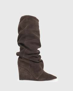 PRE-ORDER LISBON Suede Leather Ruched Wedge Knee Boots