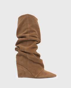 PRE-ORDER LISBON Suede Leather Ruched Wedge Knee Boots
