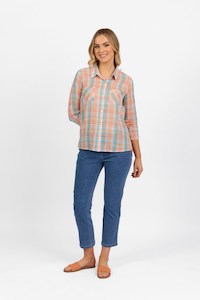Products: 4384 Peach Check Button Front Shirt with Tab Sleeve - BE U