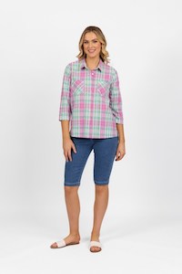 Products: 4384 Pink Check Button Front Shirt with Tab Sleeve - BE U
