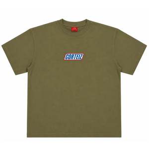 300 Under: Corteiz Snickers Graphic Tee Olive Green Short Sleeve