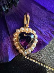 Antique Victorian Heart Shaped Amethyst and Pearl Pendant