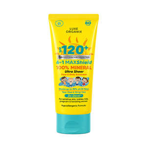 Sunscreen: Luxe Organix 6-in-1 MAXShield 100% Mineral Ultra Sheer Face & Body Sunscreen for Kids SPF120 PA++++ 100ml