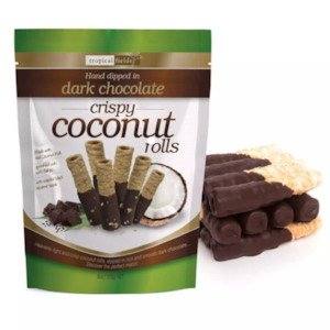 Groceries And Snacks: Tropical Fields Crispy Coconut Milk Rolls Hand Dipped In Dark Chocolate 340g