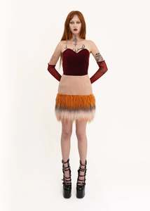 Faux Mongolian sheepskin trimmed mini skirt
