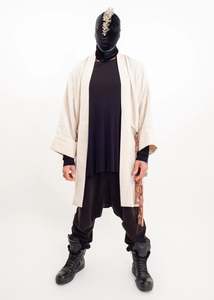 Depth Of Scye: Selvedge Longline Jacket- linen with graphic print