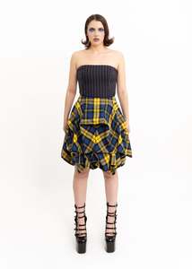 Skirts: Structured tartan pin tuck skirt- yellow/ blue plaid