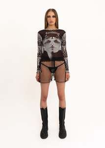 Roisin Dubh: Earthling print long sleeve mesh top- black/ white
