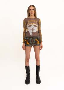 Earthling print long sleeve mesh top- brown/ gold
