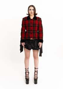 Japanese vintage tartan jacket with velvet cuffs and collar